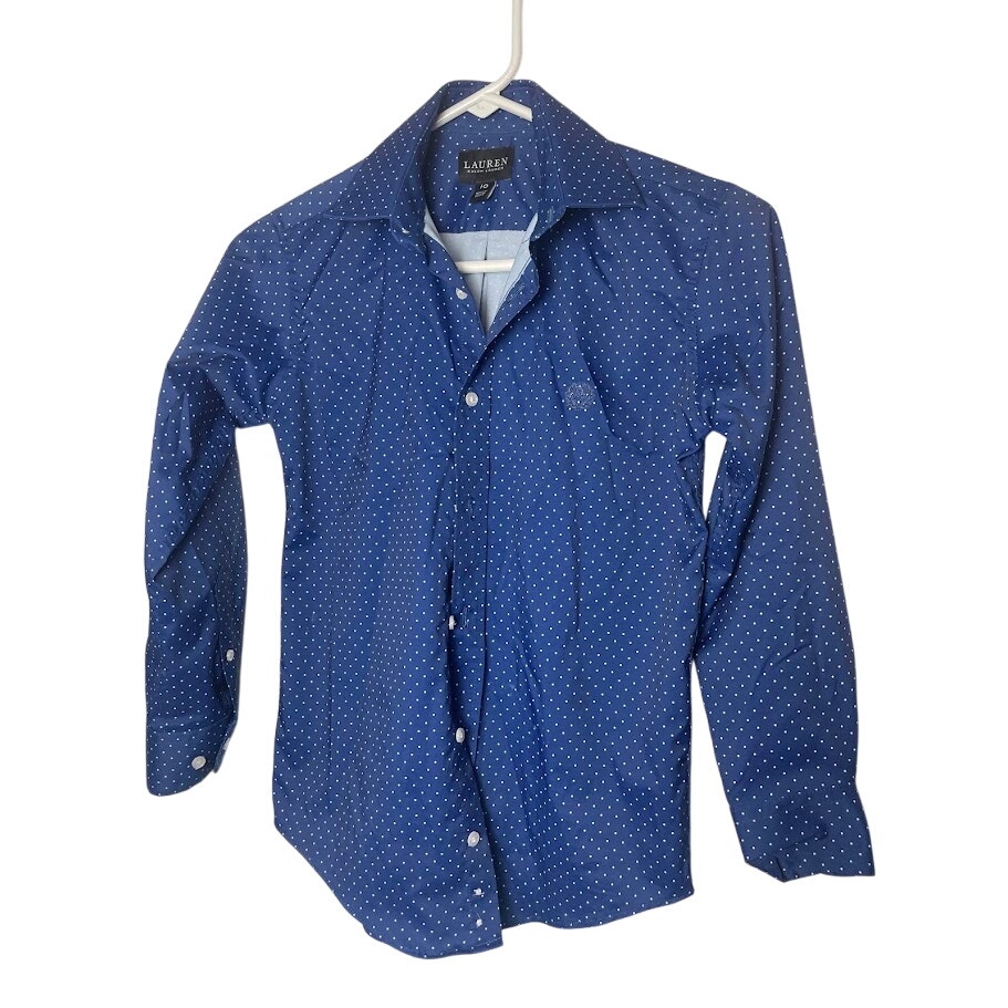 Ralph Lauren Boys Black Label Blue Dot Button Down No Iron Logo Shirt Size 10